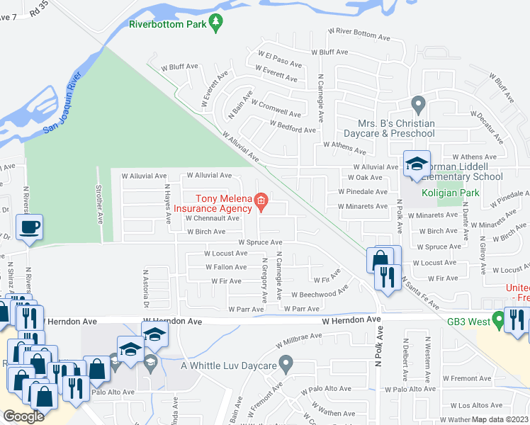 map of restaurants, bars, coffee shops, grocery stores, and more near 5804 West Chennault Avenue in Fresno