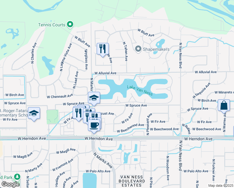 map of restaurants, bars, coffee shops, grocery stores, and more near 2731 West Lake Van Ness Circle in Fresno
