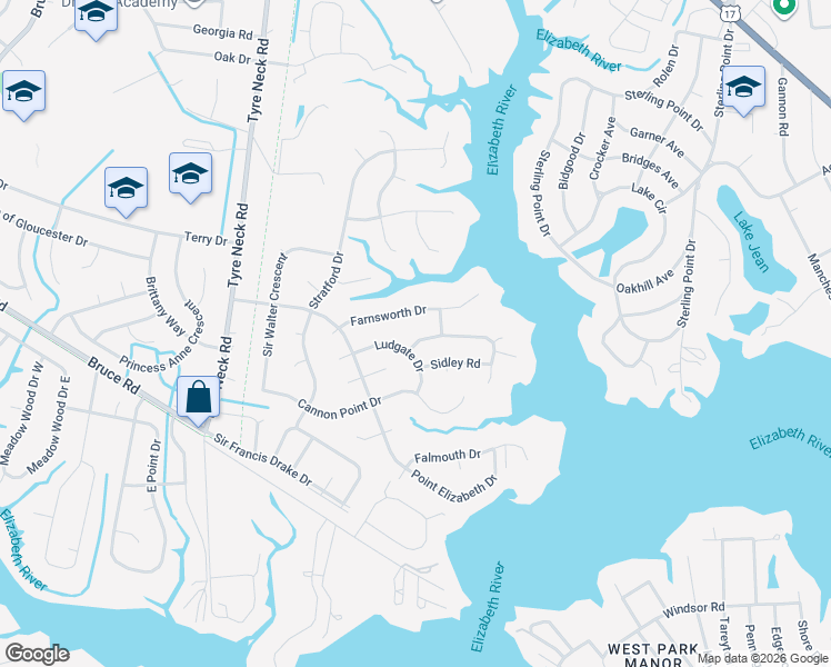 map of restaurants, bars, coffee shops, grocery stores, and more near 3721 Ludgate Drive in Chesapeake