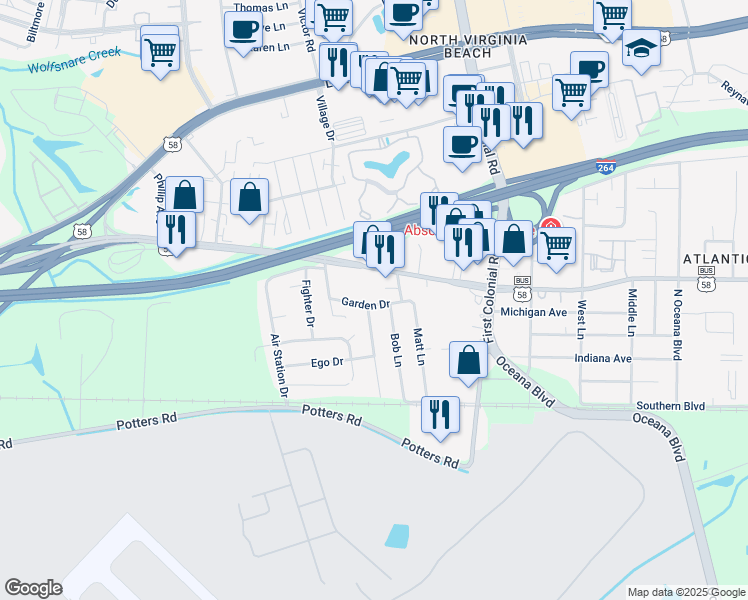 map of restaurants, bars, coffee shops, grocery stores, and more near 1752 Garden Drive in Virginia Beach