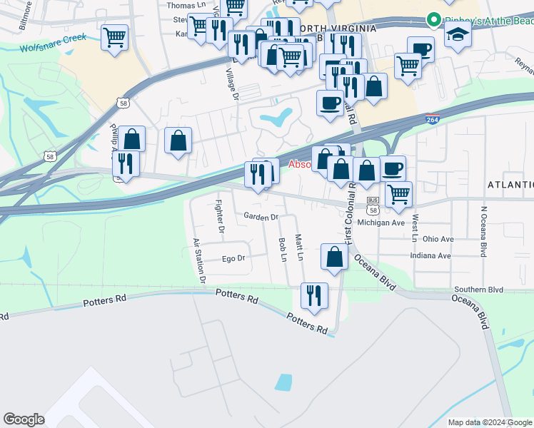 map of restaurants, bars, coffee shops, grocery stores, and more near 1752 Garden Drive in Virginia Beach