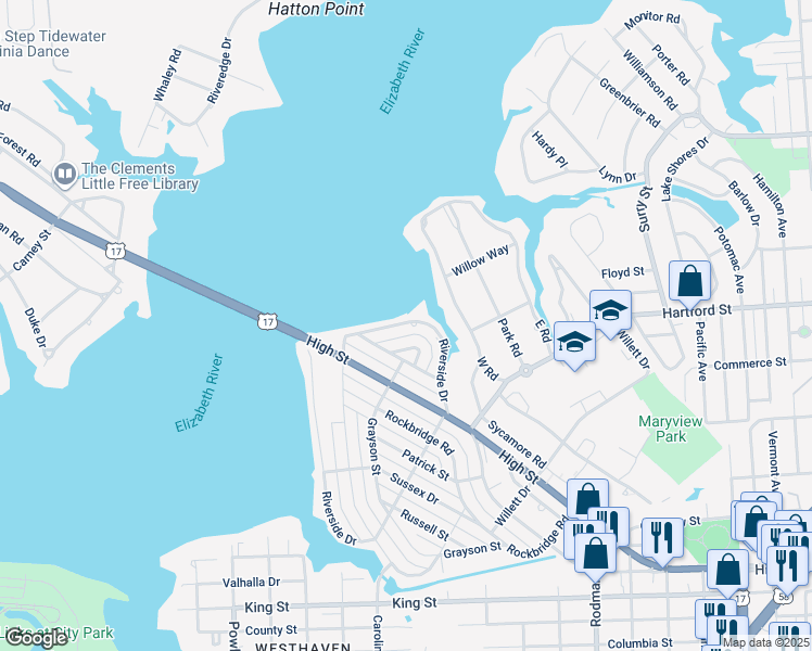 map of restaurants, bars, coffee shops, grocery stores, and more near 237 Riverside Drive in Portsmouth