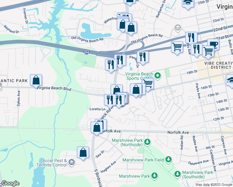 map of restaurants, bars, coffee shops, grocery stores, and more near 1085 Virginia Beach Boulevard in Virginia Beach