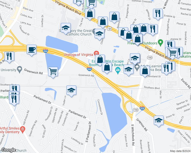 map of restaurants, bars, coffee shops, grocery stores, and more near 5316 Greenwich Road in Virginia Beach
