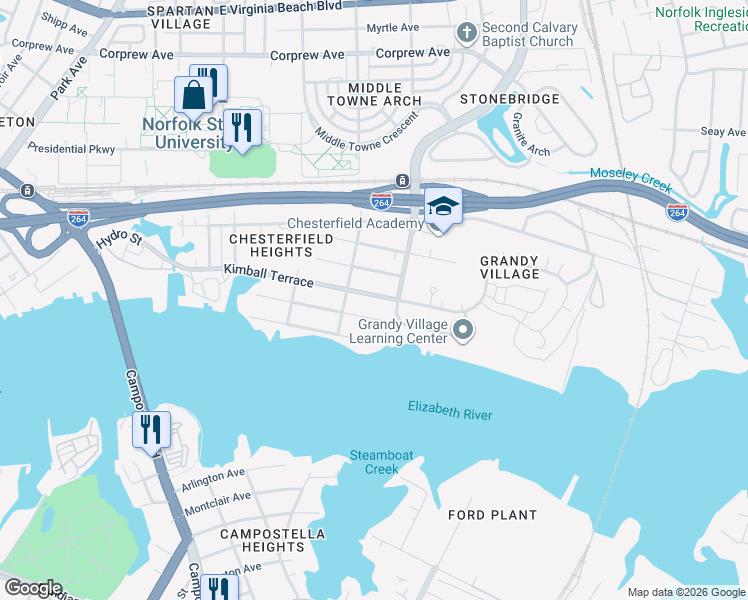 map of restaurants, bars, coffee shops, grocery stores, and more near 2822 Marlboro Avenue in Norfolk