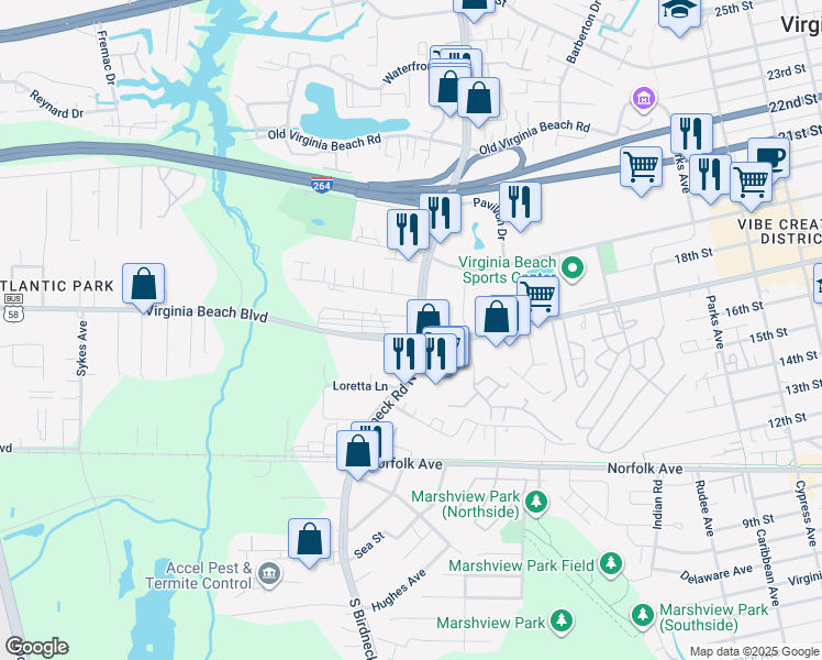 map of restaurants, bars, coffee shops, grocery stores, and more near 1085 Virginia Beach Boulevard in Virginia Beach