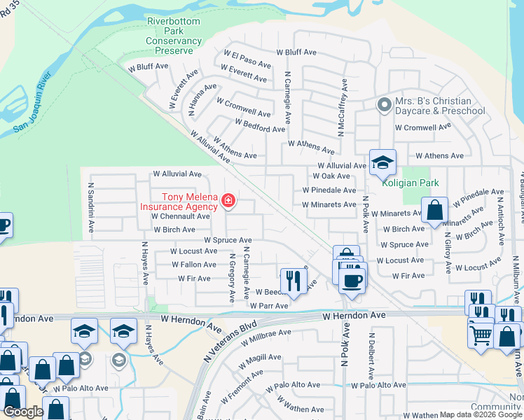 map of restaurants, bars, coffee shops, grocery stores, and more near 5714 West Chennault Avenue in Fresno