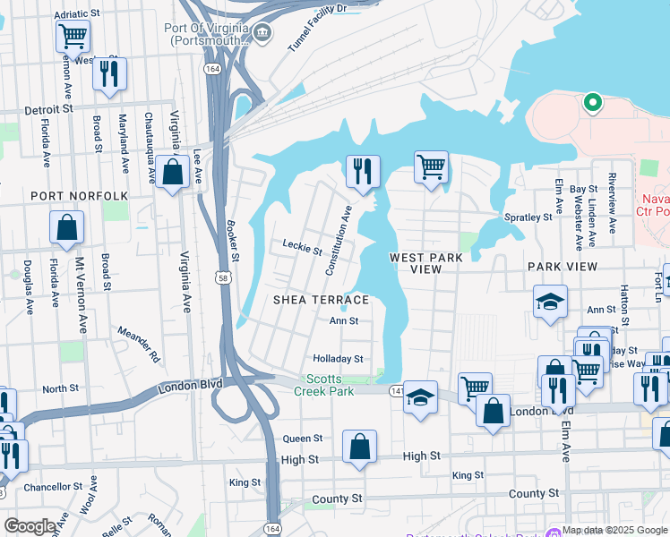 map of restaurants, bars, coffee shops, grocery stores, and more near 203 Constitution Avenue in Portsmouth