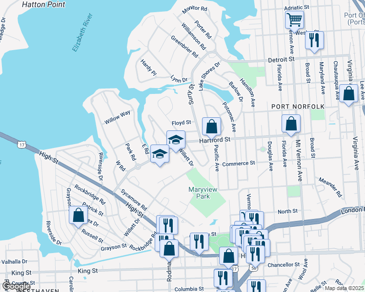 map of restaurants, bars, coffee shops, grocery stores, and more near in Portsmouth