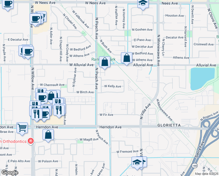 map of restaurants, bars, coffee shops, grocery stores, and more near 310 West Birch Avenue in Clovis