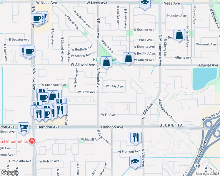 map of restaurants, bars, coffee shops, grocery stores, and more near 310 West Birch Avenue in Clovis