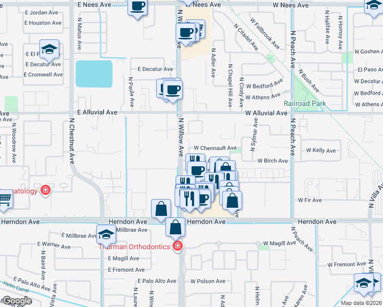 map of restaurants, bars, coffee shops, grocery stores, and more near 752 West Birch Avenue in Clovis