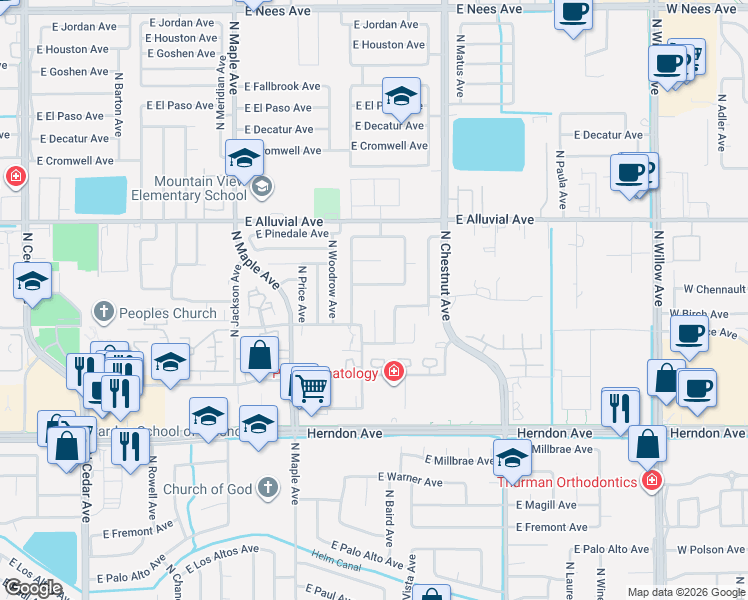 map of restaurants, bars, coffee shops, grocery stores, and more near 7261 North Laval Avenue in Fresno