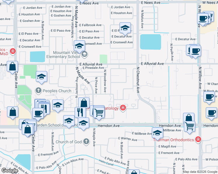 map of restaurants, bars, coffee shops, grocery stores, and more near 7318 North Woodrow Avenue in Fresno