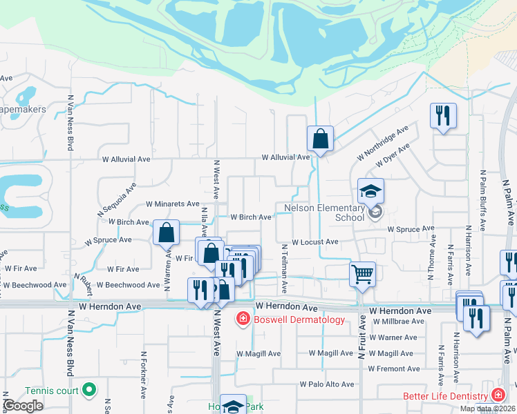 map of restaurants, bars, coffee shops, grocery stores, and more near 7227 North Durant Avenue in Fresno