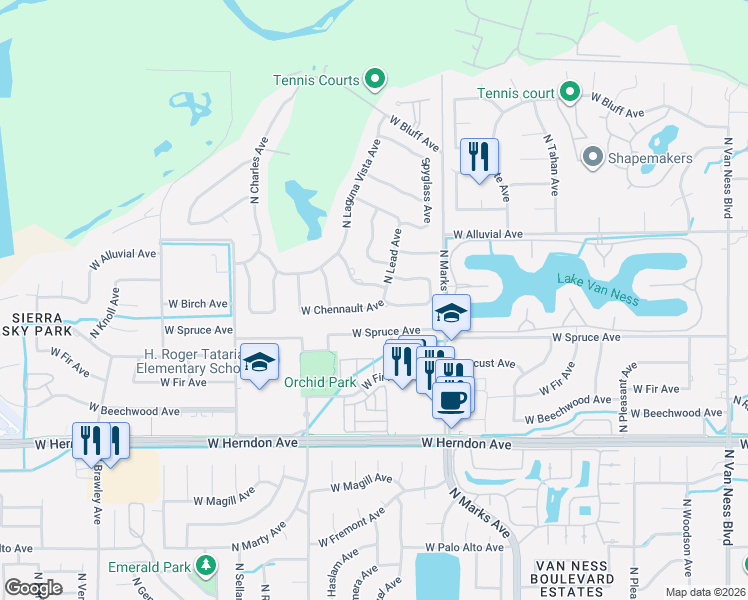 map of restaurants, bars, coffee shops, grocery stores, and more near 3217 West La Costa Avenue in Fresno