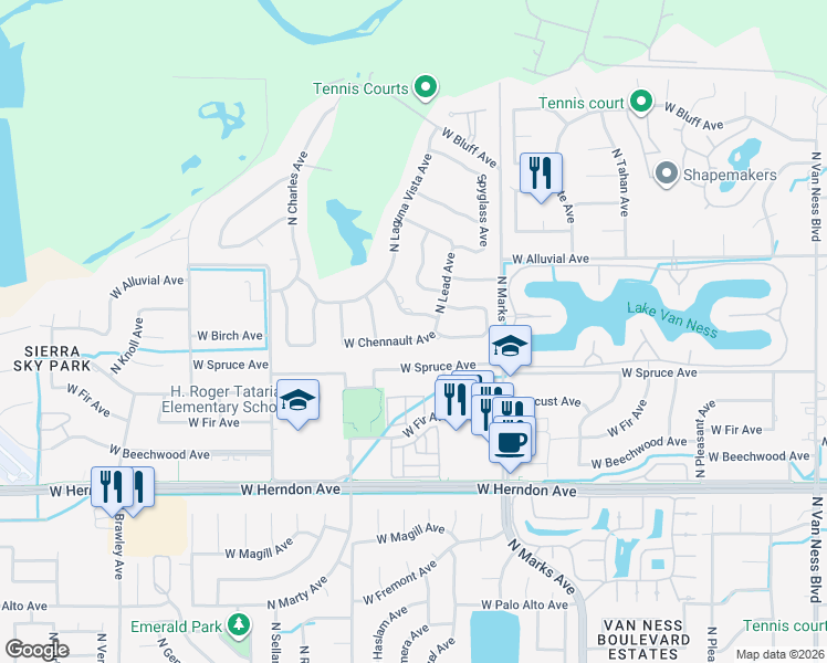 map of restaurants, bars, coffee shops, grocery stores, and more near 3281 West Chennault Avenue in Fresno