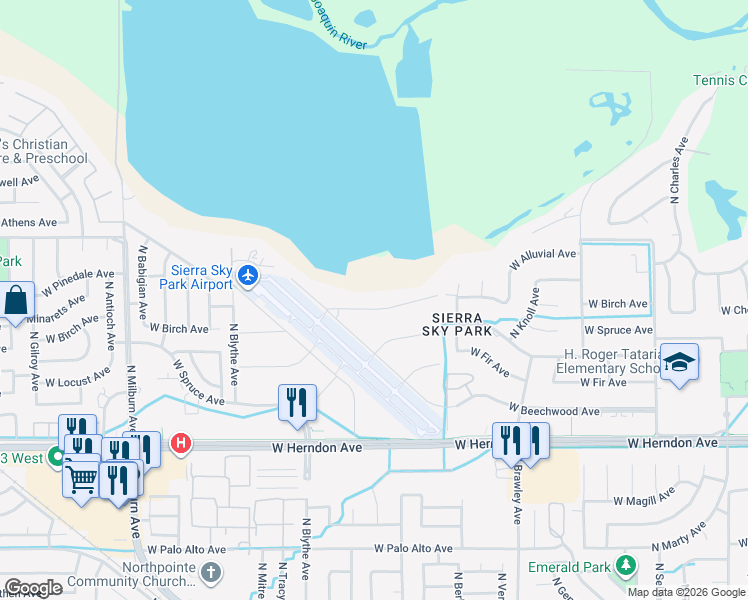 map of restaurants, bars, coffee shops, grocery stores, and more near 4193 West Alluvial Avenue in Fresno