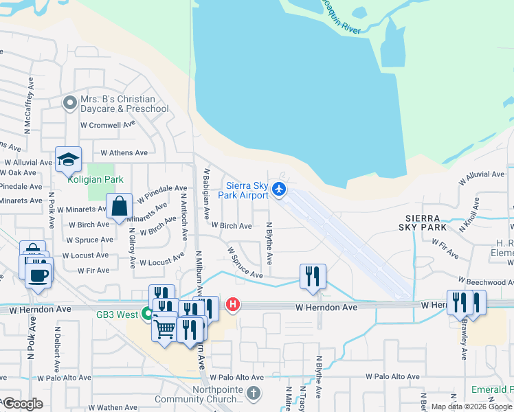 map of restaurants, bars, coffee shops, grocery stores, and more near 4631 West Minarets Avenue in Fresno