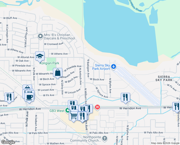map of restaurants, bars, coffee shops, grocery stores, and more near 7244 North Babigian Avenue in Fresno