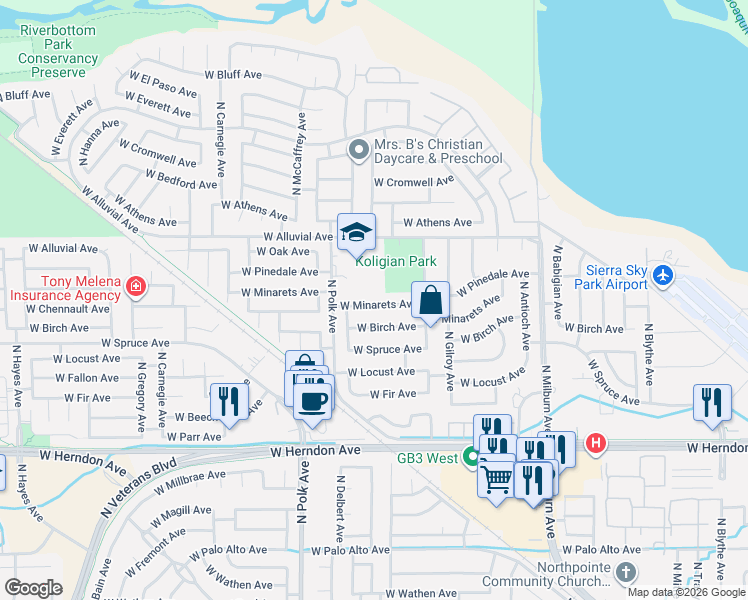 map of restaurants, bars, coffee shops, grocery stores, and more near 5204 West Birch Avenue in Fresno