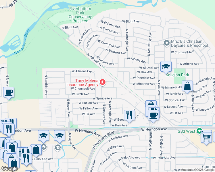 map of restaurants, bars, coffee shops, grocery stores, and more near 5803 West Chennault Avenue in Fresno