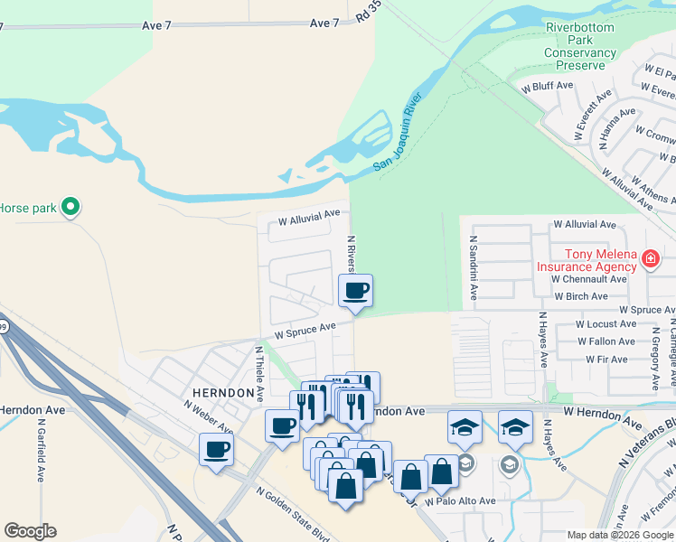 map of restaurants, bars, coffee shops, grocery stores, and more near 7314 North Lacey Drive in Fresno