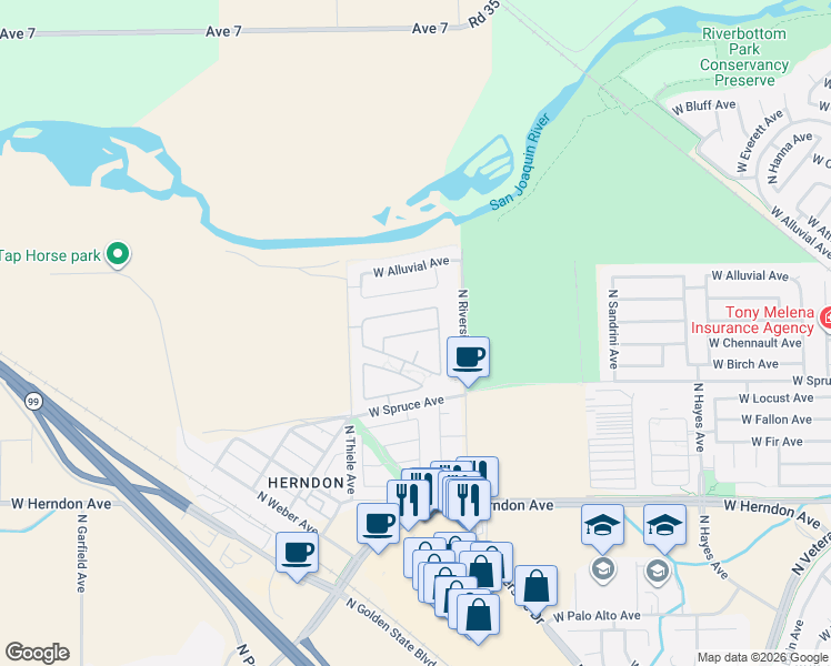 map of restaurants, bars, coffee shops, grocery stores, and more near 6764 West Hailey Drive in Fresno
