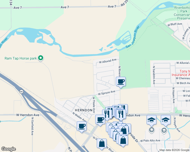 map of restaurants, bars, coffee shops, grocery stores, and more near 7340 North Kymber Drive in Fresno