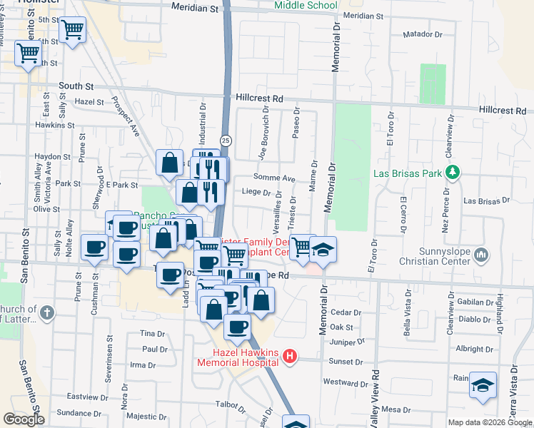 map of restaurants, bars, coffee shops, grocery stores, and more near 1340 Versailles Drive in Hollister