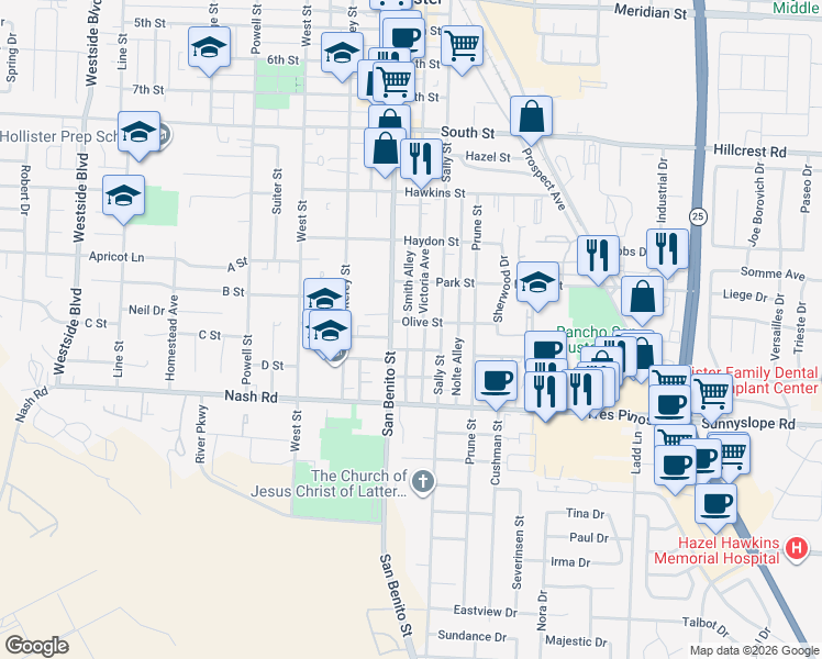 map of restaurants, bars, coffee shops, grocery stores, and more near 136 Palm Street in Hollister