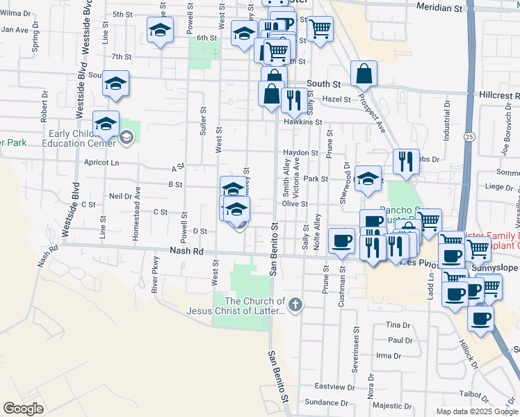 map of restaurants, bars, coffee shops, grocery stores, and more near 1199 Monterey Street in Hollister