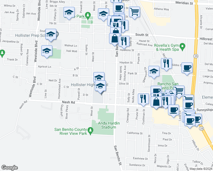 map of restaurants, bars, coffee shops, grocery stores, and more near 1199 Monterey Street in Hollister