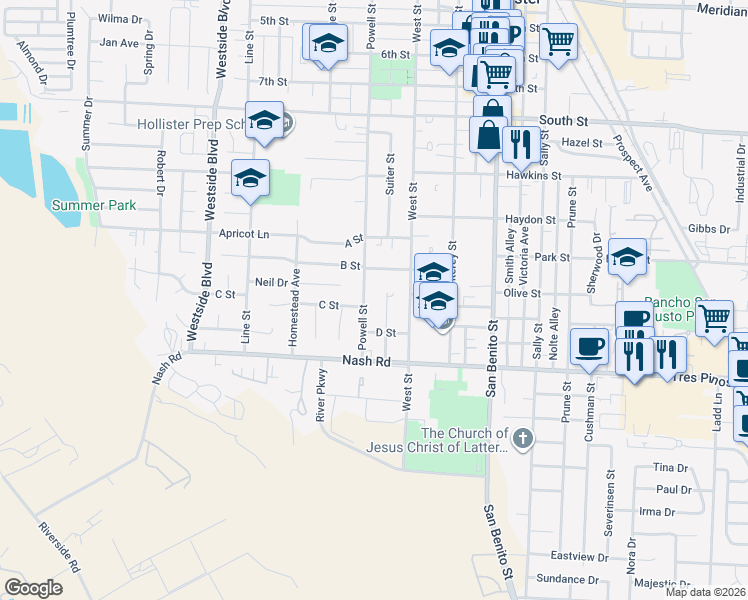 map of restaurants, bars, coffee shops, grocery stores, and more near 1170 Suiter Street in Hollister
