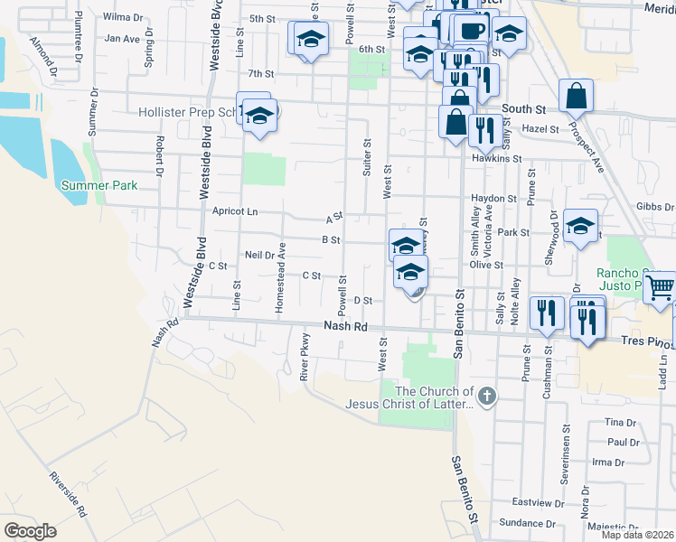 map of restaurants, bars, coffee shops, grocery stores, and more near 1075 Wood Court in Hollister