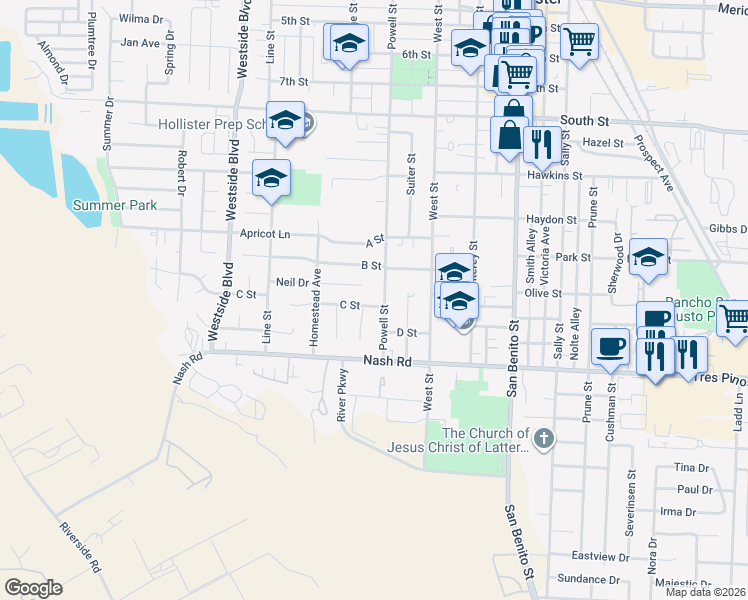 map of restaurants, bars, coffee shops, grocery stores, and more near 1075 Wood Court in Hollister