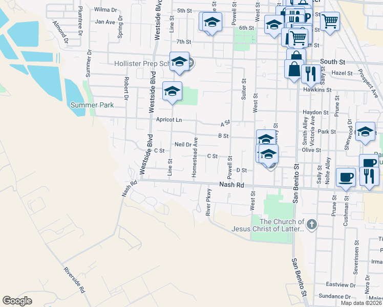 map of restaurants, bars, coffee shops, grocery stores, and more near 821 C Street in Hollister