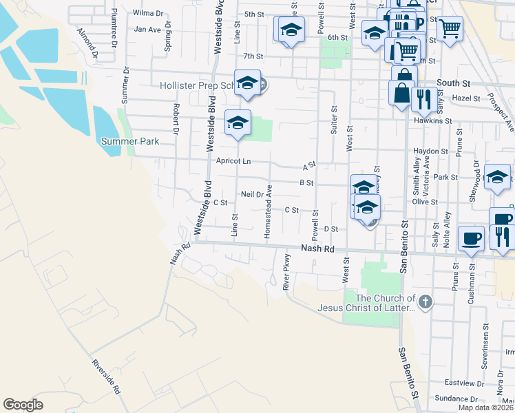 map of restaurants, bars, coffee shops, grocery stores, and more near 821 C Street in Hollister