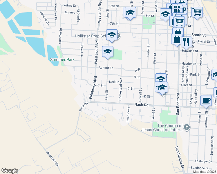 map of restaurants, bars, coffee shops, grocery stores, and more near 1360 Line Street in Hollister