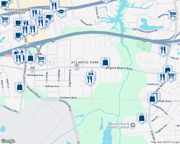 map of restaurants, bars, coffee shops, grocery stores, and more near 233 Sykes Avenue in Virginia Beach