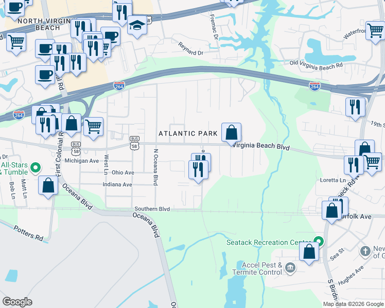 map of restaurants, bars, coffee shops, grocery stores, and more near 235 Sykes Avenue in Virginia Beach