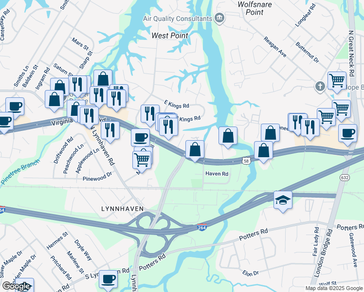 map of restaurants, bars, coffee shops, grocery stores, and more near 301 & 305 Lynnhaven Parkway in Virginia Beach
