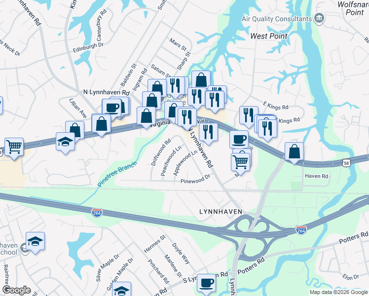 map of restaurants, bars, coffee shops, grocery stores, and more near 228 Greenwood Lane in Virginia Beach