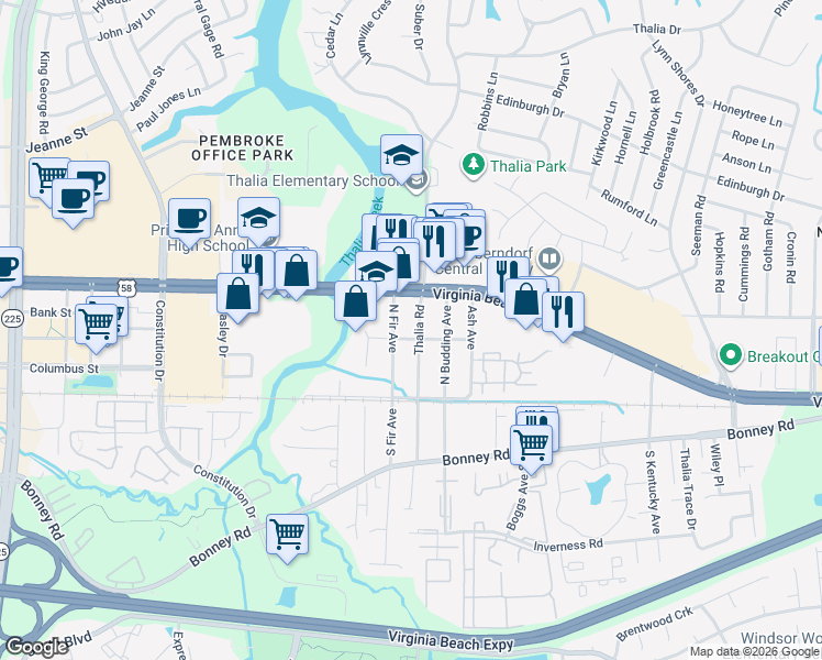 map of restaurants, bars, coffee shops, grocery stores, and more near 130 North Fir Avenue in Virginia Beach