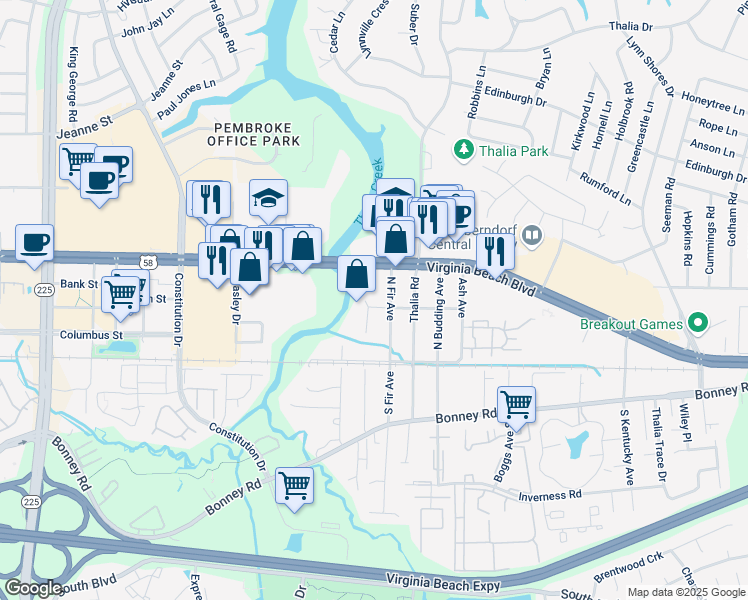 map of restaurants, bars, coffee shops, grocery stores, and more near 129 North Palm Avenue in Virginia Beach