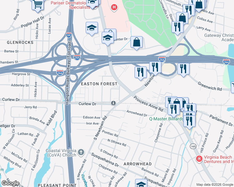 map of restaurants, bars, coffee shops, grocery stores, and more near in Norfolk