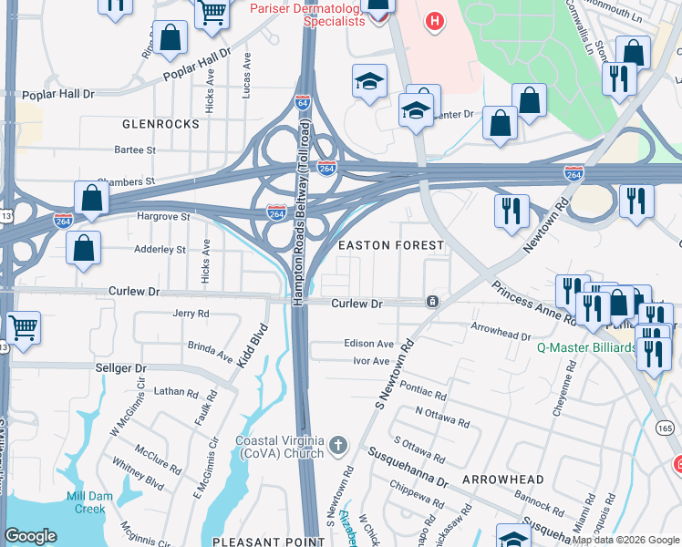 map of restaurants, bars, coffee shops, grocery stores, and more near 108 Bristol Avenue in Norfolk