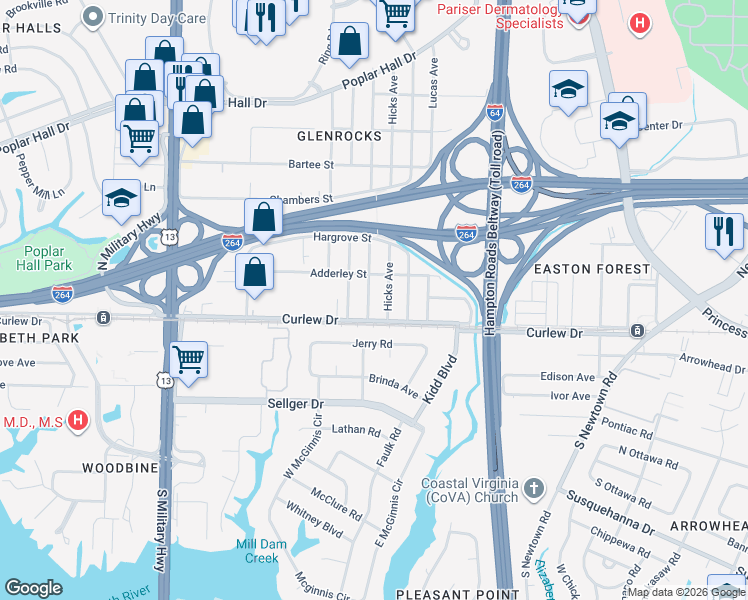 map of restaurants, bars, coffee shops, grocery stores, and more near 5916 Curlew Drive in Norfolk