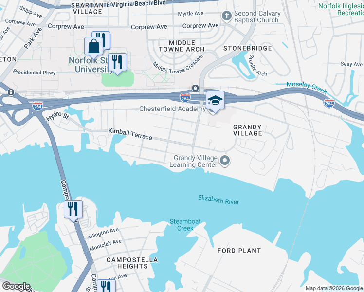 map of restaurants, bars, coffee shops, grocery stores, and more near 2822 Marlboro Avenue in Norfolk
