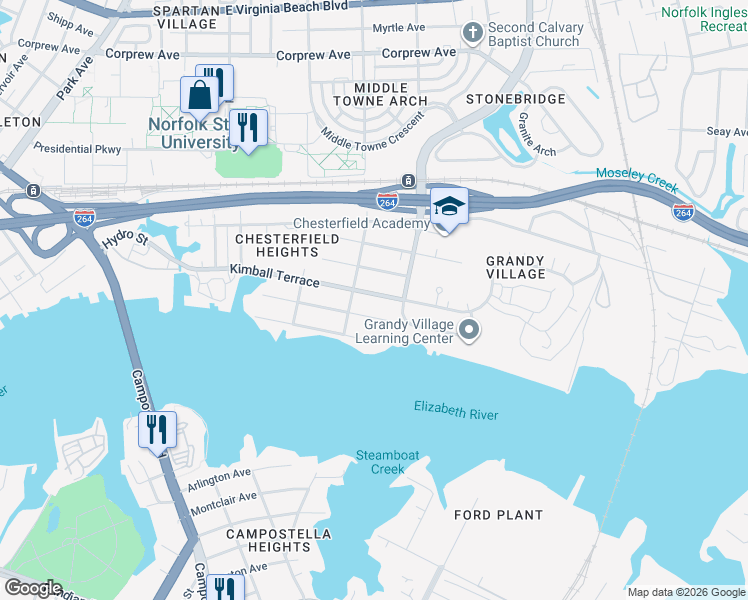 map of restaurants, bars, coffee shops, grocery stores, and more near 2822 Marlboro Avenue in Norfolk